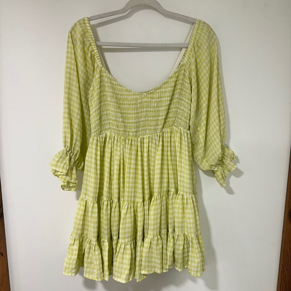 Mable Dresses & Skirts - Mable Women Gingham Dress Mini Smocked Cotton Blend Ruffle Tiered Summer S Lime